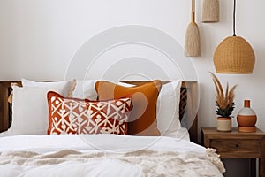 lamp decor modern orange home fall design pillow blanket interior bed. Generative AI.