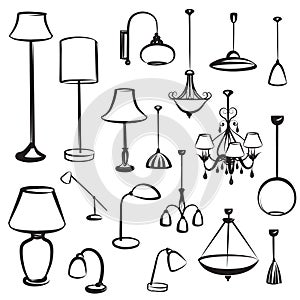 Lamp furniture silhouettes set. Ceiling light design collection.
