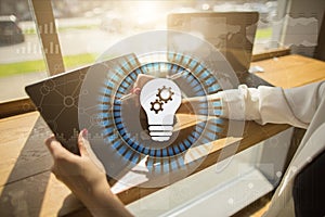 Lamp icon on virtual screen. Business solution. Innovation concept.