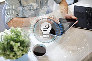 Lamp icon on virtual screen. Business solution. Innovation concept.