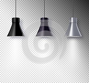 Lamp illuminators on wall interior. Transparent light effect design. Spotlight vector equipment photo