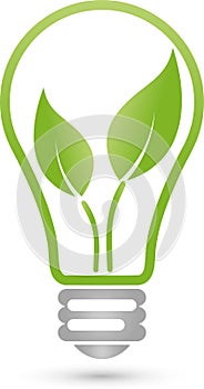 Lamp and leaves, plant, electrician and green power logo
