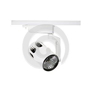 Lamp LED. White spot light source. Ceiling led track light lamp isolated on white background