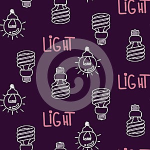 Lamp light bulb hand drawn seamless pattern design. Light bulbs icon. Concept of big ideas inspiration, innovation.