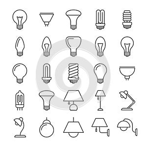 Lamp and light bulbs line icons collection