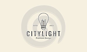 Lamp light ideas with city building lines logo vector icon symbol graphic design illustration