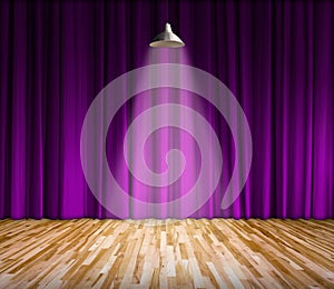 Lamp with lighting on stage. Lamp with purple curtain and wooden floor interior background