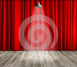 Lamp with lighting on stage. Lamp with red curtain and wooden floor interior background.