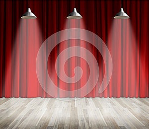 Lamp with lighting on stage. Lamp with red curtain and wooden floor interior background.