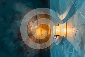 A lamp is lit up in a corner of a room