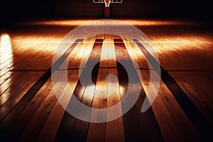 Lamp-lit wooden parquet court for basketball playing, generative ai