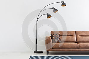 Lamp next to brown leather couch in interior with copy space on empty wall. Real photo