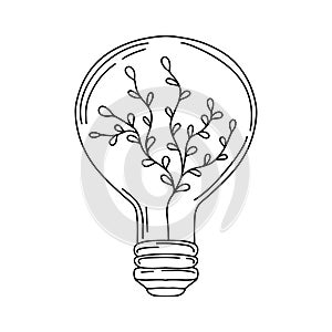 Lamp With plant in hand drawn doodle style. Eco Energy Concept. Vector illustration isolated on white background.