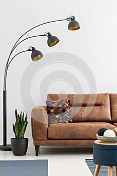 Lamp and plant next to brown leather couch in white loft interior with stool. Real photo