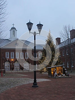 Lamp Post, Nativity Scene, and Brick Building