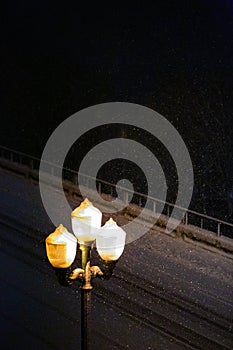 Lamp post at night while snowing