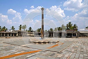 The lamp post in the South East courtyard, Chennakeshava temple complex, Belur, Karnataka. It is also known as Gravity pillar.