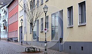 Lamp posts and colorful buildings in Frankfurt street