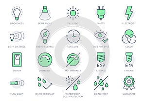 Lamp properties line icons. Vector illustration include icon - brightness, beam angle, electric plug, lumen, flashlight