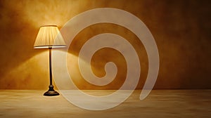 A lamp sitting on a table in front of an orange wall, AI