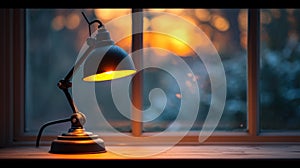 A lamp sitting on a table in front of a window, AI