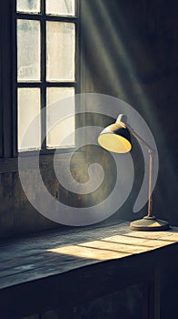 A lamp is sitting on a table in front of a window