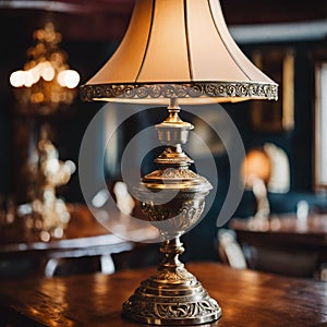 lamp sitting on a table inside of a restaurant with other tables