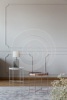 Lamp on table on carpet in minimal living room interior with grey wall with molding. Real photo