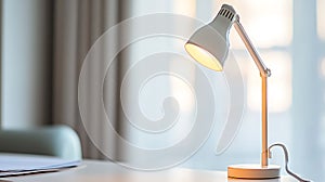 A lamp is on a table in front of a window