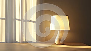 A lamp is on a table in front of a window