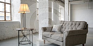 Lamp on table next to grey settee in white loft interior