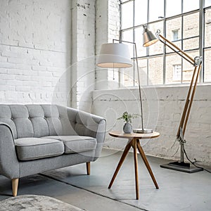 Lamp on table next to grey settee in white loft interior