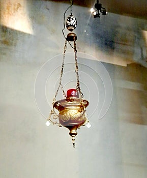 Lamp in the Temple of the Nativity, Church of the Nativity. Palestine.