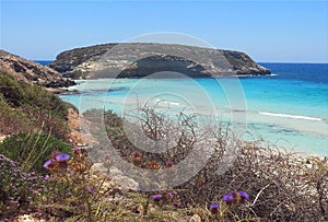 Lampedusa and Rabbit Island in the Mediterranean Sea with very blue sea