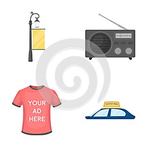 A lamppost with a sign, a T-shirt with an inscription, a radio, a car roof.Advertising,set collection icons in cartoon