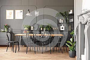 Lamps above wooden table and black chairs in grey dining room in
