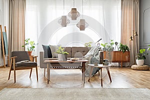 Lamps above wooden table with flowers in bright living room interior with sofa and armchair. Real photo