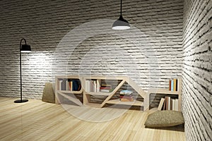 Lamps with bookcase on wooden floor and bricks wall