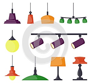 Lamps of different types, set. Chandeliers, lamps, bulbs, table lamp, spotlight - elements of modern interior. Vector illustration