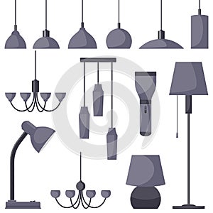 Lamps of different types, set. Chandeliers, lamps, bulbs, table lamp, flashlight, floor lamp - elements of modern interior. Vector