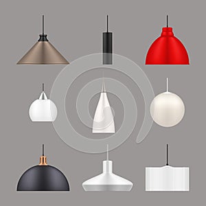 Lamps hanging different design realistic set. Pendant luminaires  chandeliers  electroliers photo