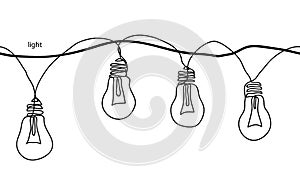 Lamps, light bulbs,festoon, garland, glowing light vector seamless border. One continuous line drawing lamp,bulb garland