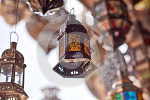 Lamps for sale at the street bazaar stall in Medina,