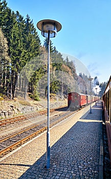 Lamps at the station for the steam locomotive. Narrow gauge railway in Wernigerode