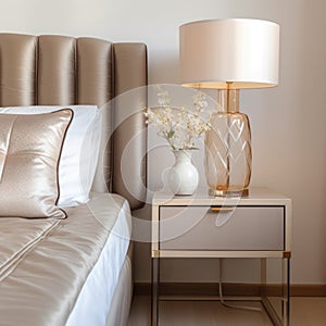 Lampshade on bedside table near beige bed. Art deco style interior design of modern bedroom