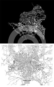 Lampung, Bandar Lampung, Indonesia street map city centre for poster. High printable detail travel vector map.
