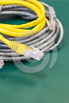 Lan cable with rJ45 connector, pair of coil wires yellow and gray