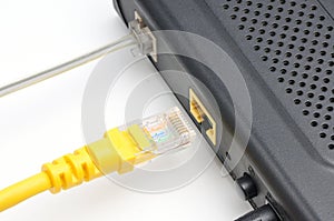 LAN cable with RJ45 plug on a white background