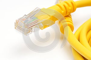 LAN cable with RJ45 plug on a white background