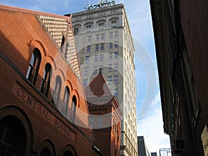 Lancaster Central Market and the Griest Building in Lancaster, Pennsylvania. The Lancaster Central Market building was built in 18